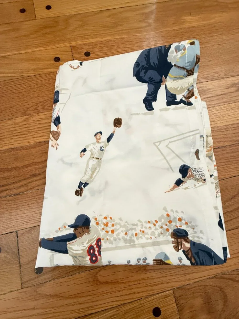 Pottery Barn Kids Vintage Baseball Player Twin Flat Bed Sheet Navy & Orange NWOT